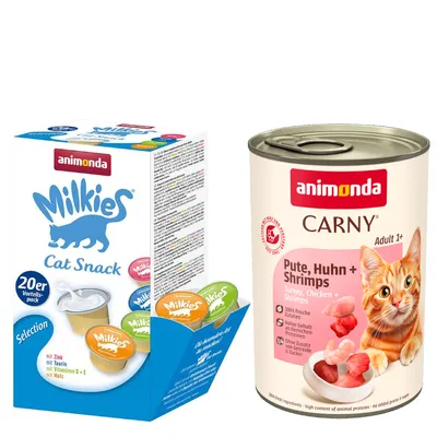 animonda mix balenie: 12 x 400 g Carny Adult + 20 x 15 g Milkies Selection - morčacie, kuracie a krevety + Milkies Snack (4 druhy)