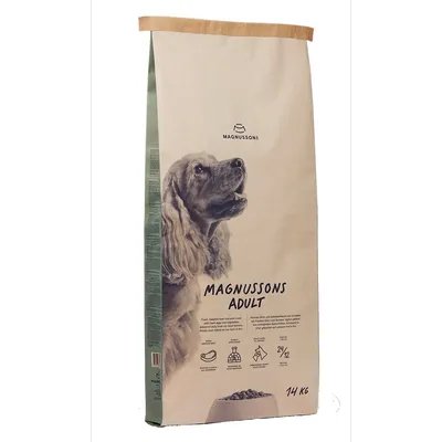 Magnussons Adult szárazeledel kutyáknak, 14 kg. Friss svéd összetevők, mesterséges adalékok nélkül. Ikonok: emésztés, természetes összetevők, napi etetési javaslat.