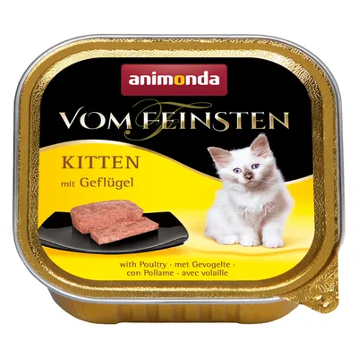 animonda Vom Feinsten Kitten mit Geflügel -patee, siipikarjaa sisältävä kissanpentujen märkäruoka, kuvassa pentu ja annospala