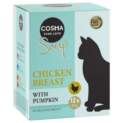 Opakowanie Cosma Soup Pure Love Chicken Breast with Pumpkin, 12 x 40 g, przepis bez zbóż, czarna sylwetka kota na jasnoniebieskim tle.