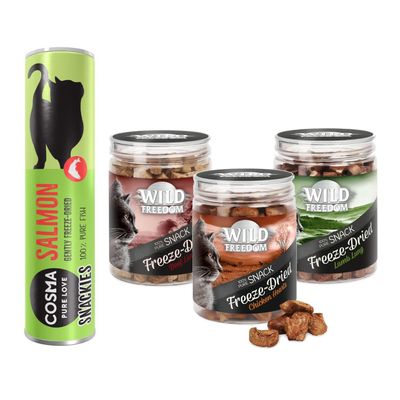 Cosma Snackies Salmon, gefriergetrocknet, 100% reiner Fisch. Verpackung mit grünem Hintergrund und schwarzer Silhouette einer Katze.