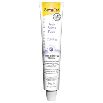 GimCat Anti-Stress Paste Calming, Expert Line, Stress-Control Formula, 50 g. Texto visible en inglés y alemán sobre reducción de estrés. Sello 'Veterinary Recommended'.