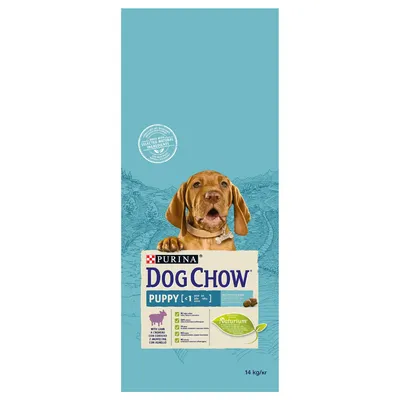 PURINA DOG CHOW Puppy <1 med lam, Naturnium, udvalgte naturlige ingredienser. Billede af hundehvalp på pakken. 14 kg/kr synligt nederst. PURINA DOG CHOW Puppy <1 med lam, Naturnium, udvalgte naturlige ingredienser. Billede af hundehvalp på pakken. 14 kg/kr synligt nederst.
