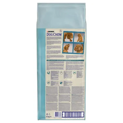 Упаковка корма для собак Purina Dog Chow 14 кг, вид сзади: подробная информация о продукте, изображения собаки, штрихкод и текст на нескольких языках.