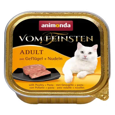 animonda Vom Feinsten ADULT mit Geflügel + Nudeln, консервирана храна за котки с птиче месо и паста, изображение на бяла котка и парчета храна върху черна чиния