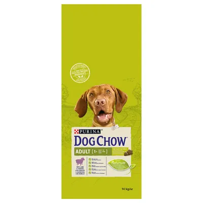 PURINA DOG CHOW ADULT 1+ med lam, Naturium, 14 kg/kr. Synlig tekst: Selected natural ingredients. Produktbillede af tørfoder til voksne hunde.