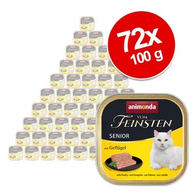 Animonda Vom Feinsten Senior med fjäderfä, 72x100g. Våtfoder för äldre katter, förpackning visar vit hankatt och fjäderfäbitar.