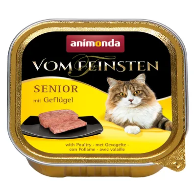 animonda Vom Feinsten SENIOR mit Geflügel -kissan märkäruoka, kuvassa annospakkaus, siipikarjaa sisältävä pateepala ja kissa etiketissä