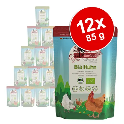 catz finefood Bio Huhn, 12 x 85 g. Synlig tekst: Organic Chicken, BIO, økologimærke, Made in Germany. Pakker med Bio Huhn, Bio Ente og Bio Rind vises.