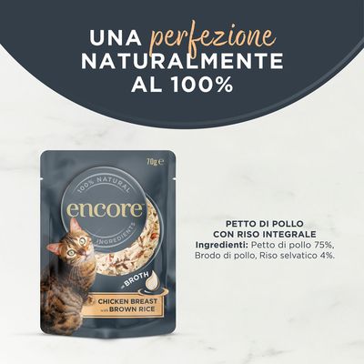Encore in Broth, petto di pollo con riso naturale, ingredienti 100% naturali, 70g. La confezione mostra il prodotto e un gatto.