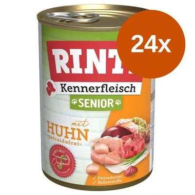 Rinti Kennerfleisch Senior mit Huhn, getreidefrei, 24x. Widoczne kawałki mięsa i warzyw na etykiecie. Napisy: fettreduziert, ballaststoffe.