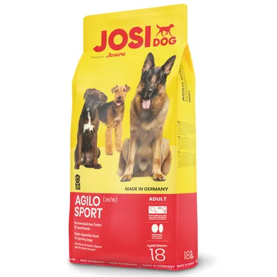 Balenie krmiva pre psov JosiDog Agilo Sport 18 kg, vyobrazené tri psy, nápisy: Made in Germany, Adult, 26/16, vysoko stráviteľné krmivo, proteínové zložky, originál receptúra.