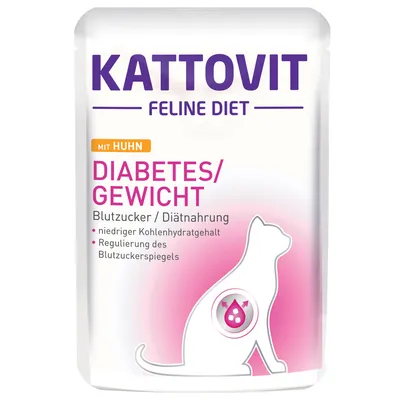 Kattovit Feline Diet med kyckling. DIABETES/GEWICHT. Blutucker/Diätnahrung. Niedriger Kohlenhydratgehalt, Regulierung des Blutzuckerspiegels. Text på tyska.