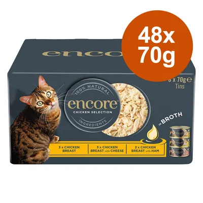 Encore Chicken Selection, 48x70g Dosen. Sorten: 3x Hähnchenbrust, 3x Hähnchenbrust mit Käse, 2x Hähnchenbrust mit Schinken. 100% natürliche Zutaten in Brühe.