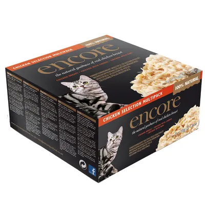Encore Chicken Selection Multipack kissanruoka, 8 x 70 g. Pakkauksessa teksti: 100% natural, the natural goodness of real chicken breast. Kuvassa harmaa raidallinen kissa.