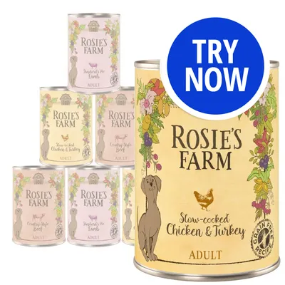 Selection of Rosie's Farm adult food tins with flavours including slow-cooked chicken and turkey, country style beef, shepherd's pie lamb. Blue circle with white text: Try Now.