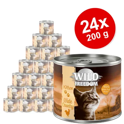 Wild Freedom Kitten Wide Country vådfoder, 24 dåser à 200 g. Tekst: 100% grain-free recipe. Billede af killing på dåsen.