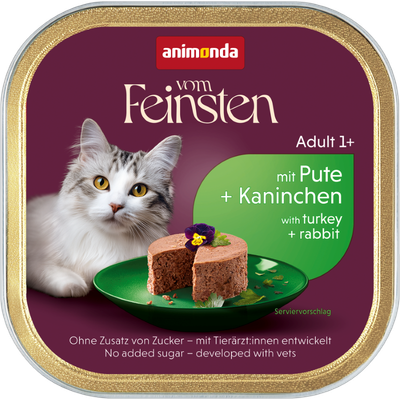 animonda vom feinsten adult 1+ con tacchino e coniglio, senza aggiunta di zucchero, sviluppato con veterinari, proposta di presentazione illustrata