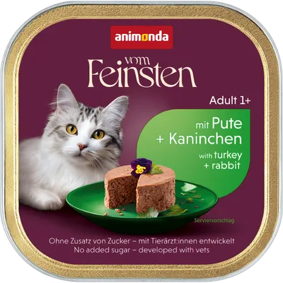 animonda vom Feinsten Adult 1+ kalkkunalla ja kanilla, ilman lisättyä sokeria, eläinlääkärien kehittämä, tarjoiluehdotus kuvassa
