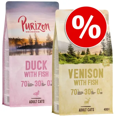 Purizon DUCK WITH FISH og VENISON WITH FISH tørfoder til voksne katte, 70 % udvalgte animalske ingredienser, 30 % frugt/grøntsager/urter, 0 % korn, 400 g. Procent-tegn tilbud.