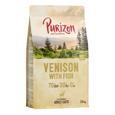 Purizon alimento secco per gatti adulti, varietà Venison with Fish, 2,5 kg. Contiene 70% ingredienti animali, 30% verdure ed erbe, 0% cereali.