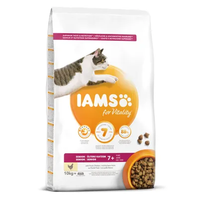 IAMS for Vitality Senior 7+ kissan kuivaruoka, kanaa, 10 kg. Pakkauksessa kuva kissasta ja kulhossa nappuloita. Teksti: 88 % eläinproteiinia, seniorikissoille yli 7 v.