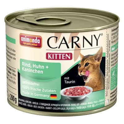 Blik Animonda Carny Kitten natvoer, rund, kip en konijn. Tekst: getreidefrei, 100% frische Zutaten, Made in Germany, mit Taurin. Gewicht: 200g. Afbeelding van een kitten en voerbak. Blik Animonda Carny Kitten natvoer, rund, kip en konijn. Tekst: getreidefrei, 100% frische Zutaten, Made in Germany, mit Taurin. Gewicht: 200g. Afbeelding van een kitten en voerbak.