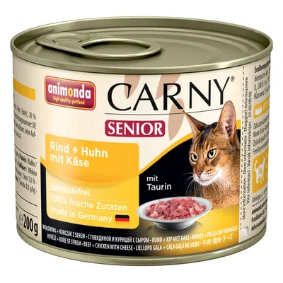 animonda Carny Senior Rind + Huhn mit Käse, getreidefrei, 100 % frische Zutaten, Made in Germany, mit Taurin, boîte de 200 g, image d’un chat et d’une assiette de viande