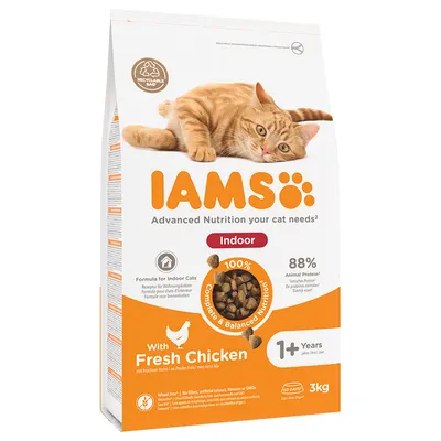 IAMS Indoor krmivo pro kočky s čerstvým kuřetem, 88 % živočišných bílkovin, pro bytové kočky od 1 roku, 3 kg. 100% vyvážená strava, recyklovatelný obal, bez pšenice a umělých přísad.