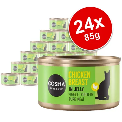 Cosma Pure Love Chicken Breast in Jelly, Single Protein Pure Meat, 24x85g tins shown. Green label with cat silhouette and chicken icon visible.