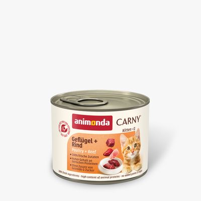animonda Carny Kitten Siipikarja + Naudanliha. 100 % tuoreita ainesosia, korkea eläinproteiinipitoisuus, ei lisättyä viljaa eikä sokeria.