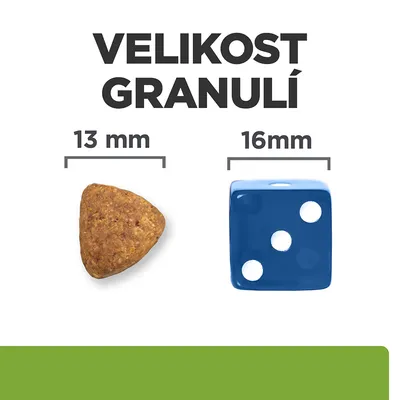 Porovnanie veľkosti granule 13 mm a hracej kocky 16 mm. Text: VELIKOST GRANULÍ, 13 mm, 16 mm.