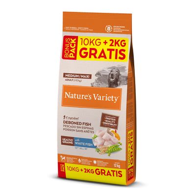 Nature's Variety Healthy Grains Medium/Maxi Adult pescado blanco Pack % - 2 × (10 + 2 kg) gratis