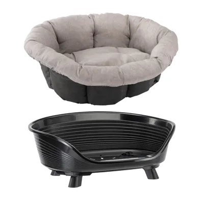 Ferplast Cesta Siesta Deluxe nera + Ferplast Sofà Tweed beige - Set di Taglia 4: Cesta + Cuscino + Piedini
