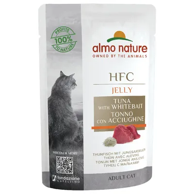 Almo Nature HFC Jelly tonijn met jonge ansjovis, Adult Cat. 100% winst naar natuur. QR-code voor meer informatie.