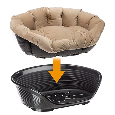 Pernă moale, bej, cu partea inferioară neagră, potrivită pentru coș din plastic negru. Săgeată galbenă indică instrucțiunile de inserare. Pernă moale, bej, cu partea inferioară neagră, potrivită pentru coș din plastic negru. Săgeată galbenă indică instrucțiunile de inserare.