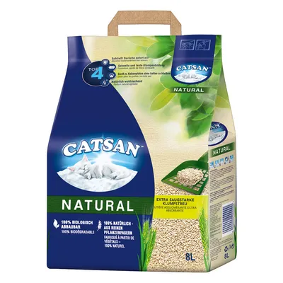 Sachet de litière Catsan Natural 8L, 100 % biodégradable, fabriqué à partir de fibres végétales, agglomérante extra absorbante. Texte en allemand et français visible sur l’emballage. Sachet de litière Catsan Natural 8L, 100 % biodégradable, fabriqué à partir de fibres végétales, agglomérante extra absorbante. Texte en allemand et français visible sur l’emballage.