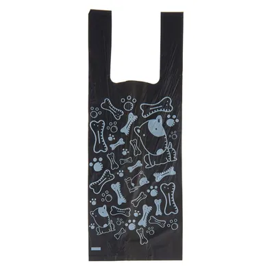 Sacchetto nero con disegni di ossa, zampe e cani stilizzati in colore chiaro. Materiale plastico visibile. Sacchetto nero con disegni di ossa, zampe e cani stilizzati in colore chiaro. Materiale plastico visibile.