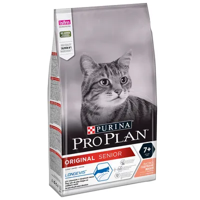 Опаковка Purina Pro Plan Original Senior 7+ за котки, с изображение на котка, надписи: HIGH QUALITY SALMON №1 INGREDIENT, NO ADDED ARTIFICIAL COLOURS/FLAVOURS, Longevis, високо съдържание на сьомга.
