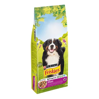 Confezione di crocchette per cani Purina Friskies Vitafit Maxi, 18 kg. Sulla confezione è visibile un cane di taglia grande e il testo '100% complete', 'Maxi'. Confezione di crocchette per cani Purina Friskies Vitafit Maxi, 18 kg. Sulla confezione è visibile un cane di taglia grande e il testo '100% complete', 'Maxi'.