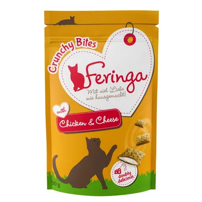 Emballage Feringa Crunchy Bites, 30 g, visible texte anglais : with Chicken & Cheese, doubly delicious, Mit viel Liebe wie hausgemacht! Illustration de chat et croquettes.