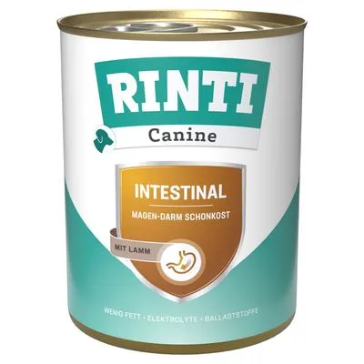 Rinti Canine Intestinal Magen-Darm Schonkost mit Lamm, weinig vet, elektrolyte, ballaststoffe. Tekst deels in het Duits.