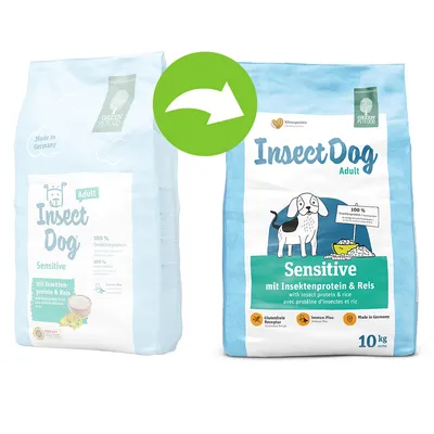 Zmiana opakowania karmy InsectDog Adult Sensitive mit Insektenprotein & Reis, Green Petfood, 10 kg. Widoczne stare i nowe opakowanie z informacją o białku owadzim i ryżu.