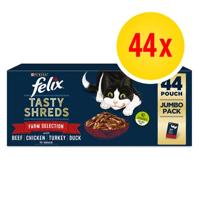 Purina felix Tasty Shreds Farm Selection, 44x kapsiček, Jumbo Pack, s hovězím, kuřecím, krůtím a kachním v omáčce. Bez barviv.