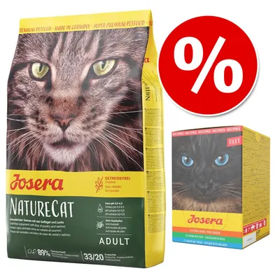 Josera NatureCat Adult, opakowanie suchej karmy dla kotów oraz multipack mokrej karmy Josera Filet. Widoczny symbol procentu oznaczający promocję.