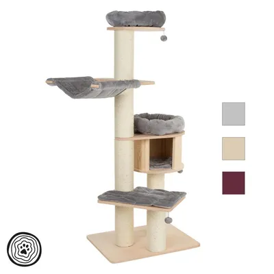 Rascador para gatos de madera con postes de sisal, varias plataformas y camas acolchadas grises. Incluye hamaca, cueva y pelotas colgantes. Muestra opciones de color: gris, beige y burdeos.
