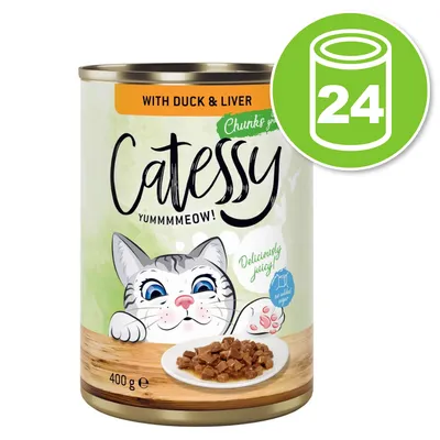 Boîte Catessy with duck & liver, 400 g, illustration de chat, morceaux en sauce sur assiette, lot de 24 indiqué dans un cercle vert. Texte visible : Yummmmeow!, Delicously juicy! Boîte Catessy with duck & liver, 400 g, illustration de chat, morceaux en sauce sur assiette, lot de 24 indiqué dans un cercle vert. Texte visible : Yummmmeow!, Delicously juicy!