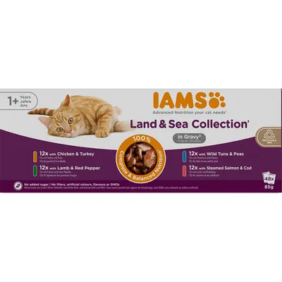 IAMS Delights Pacco misto 48 x 85 g Alimento umido per gatti - Sapori di Terra e Mare in Gelatina