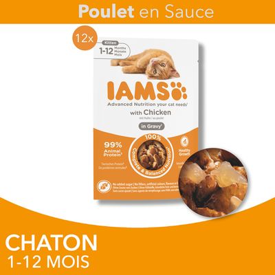 IAMS Poulet en sauce pour chaton 1–12 mois, lot de 12 sachets, 99 % protéines animales, nutrition complète et équilibrée, croissance saine, visuel du produit en sauce.