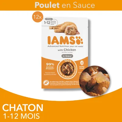 IAMS Poulet en sauce pour chaton 1–12 mois, lot de 12 sachets, 99 % protéines animales, nutrition complète et équilibrée, croissance saine, visuel du produit en sauce.